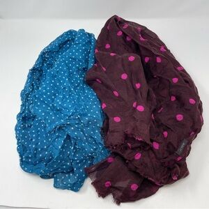 J. Crew Set of Two Blue and Pink Polka Dot Wool Silk NWOT Lightweight Scarves